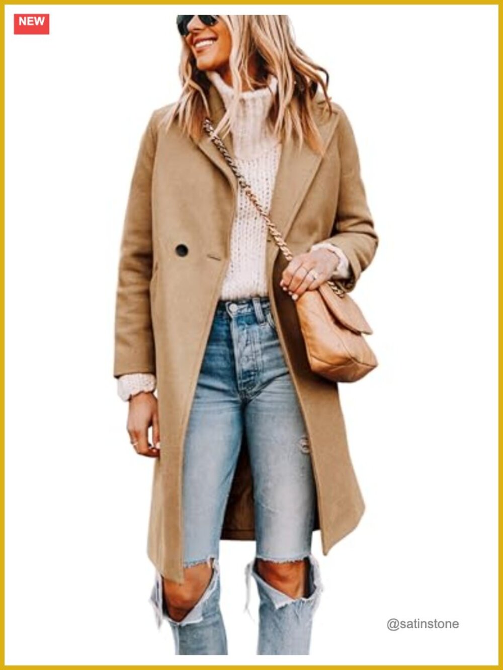 Women's Wool Pea Coat Long Trench Jacket Notch Lapel Button